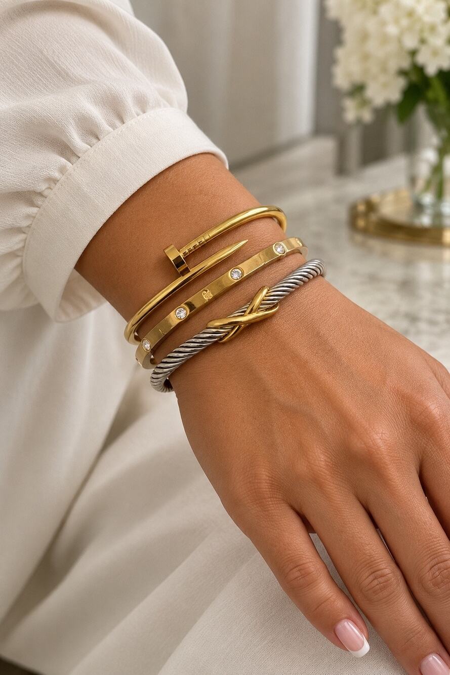 Lot of 3 Stackable Fashion Bracelets Gold Silver Nail Cable Crystal Bangle Set